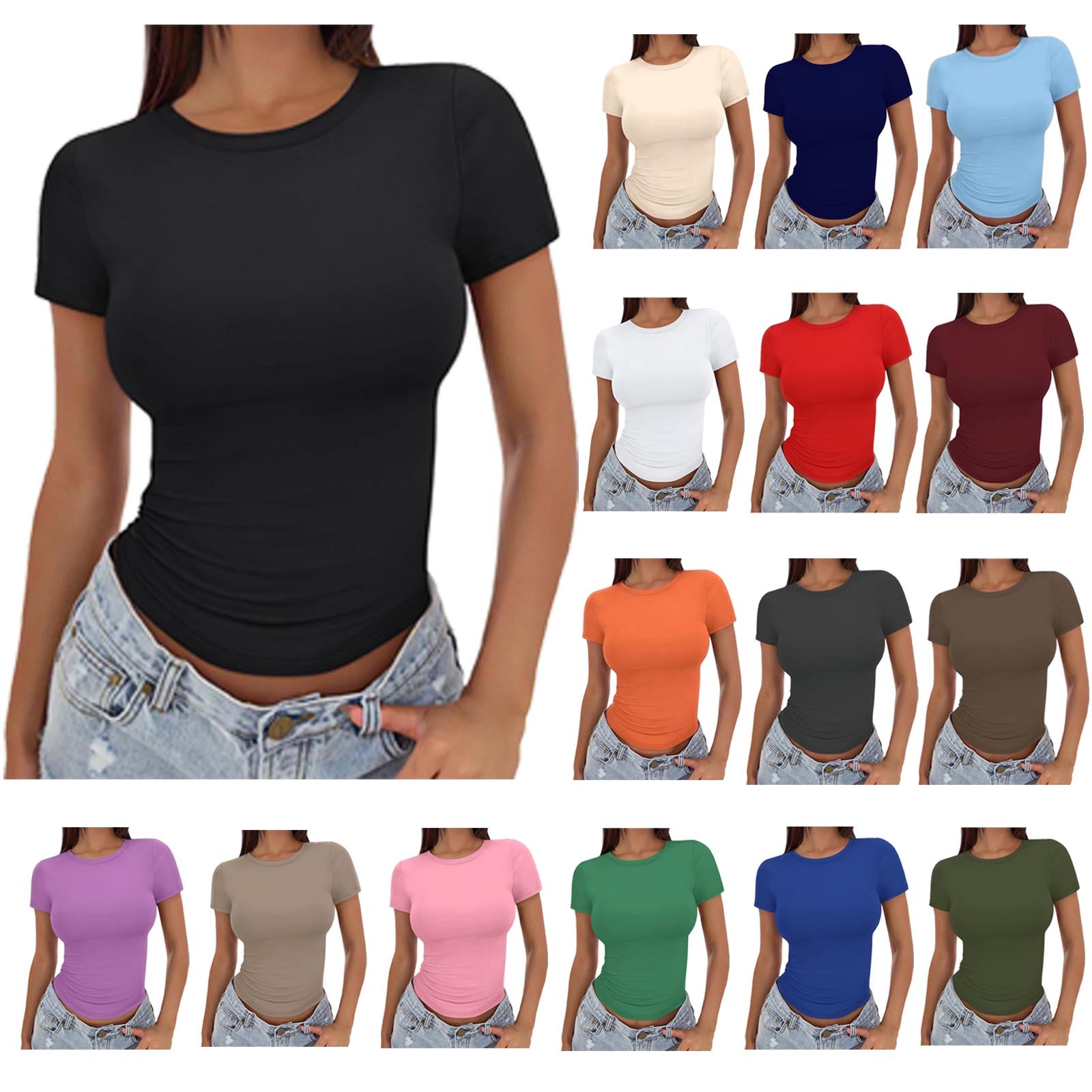 Summer Clearance Womens Basic Short Sleeve Slim Fit T Shirts Ndbuld Women's Casual Solid Color Short-Sleeved Crew-Neck Top,Black,S